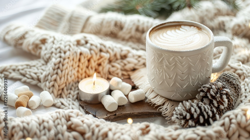 Still life with coffee, marshmallows, wooden decor, candle, Christmas lights, sweater on white background - Winter weekend concept banner. Still life with coffee, marshmallows, wooden decor, candle, Christmas lights, sweater on white background - Winter weekend concept banner.