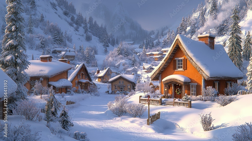 Naklejka premium Snowy Mountain Village Winter Wonderland: A Festive Christmas Escape