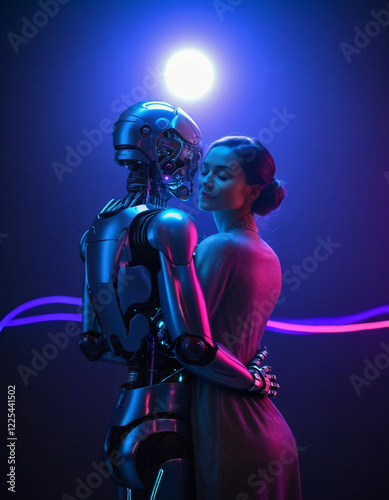 Romantic portrait of a beautiful young woman in a dress and a metallic Humanoid robot embracing intimately. Backside view,  upper body shot, blue purple neon light. Cyber love, AI Romance, sci-fi