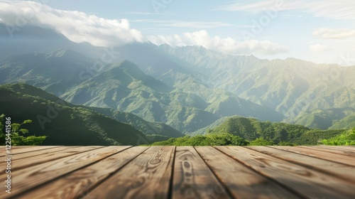 Table with mountain and nature background for placing products.
