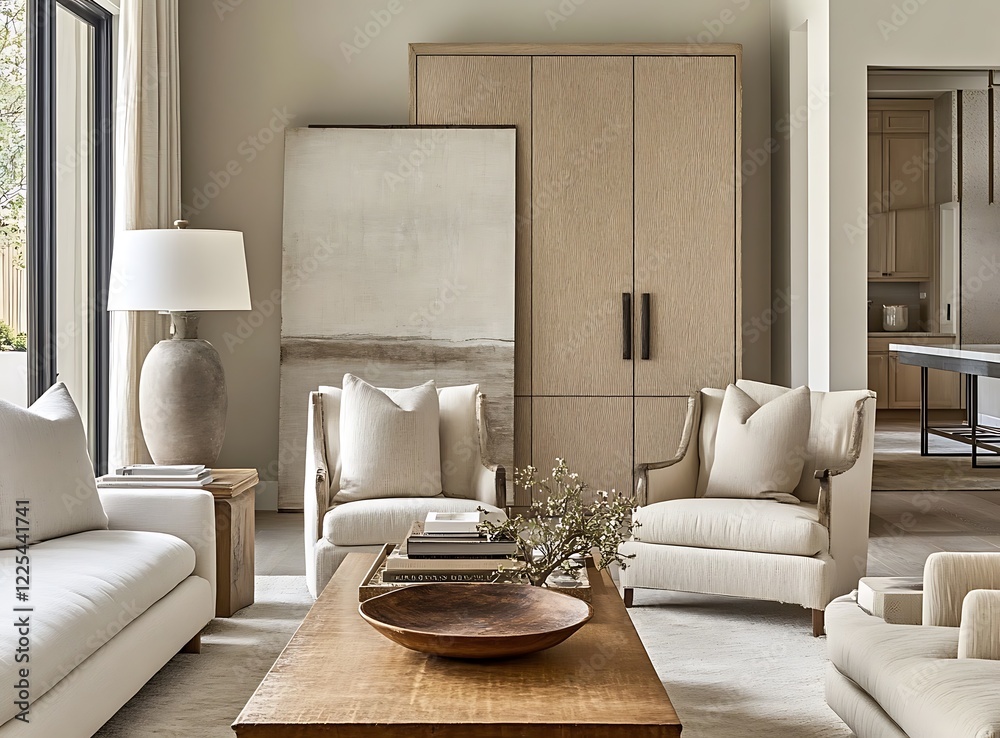 Fototapeta premium Contemporary living room with beige sofa and armchair in front of a wooden cabinet, featuring neutral tones and minimalist design principles