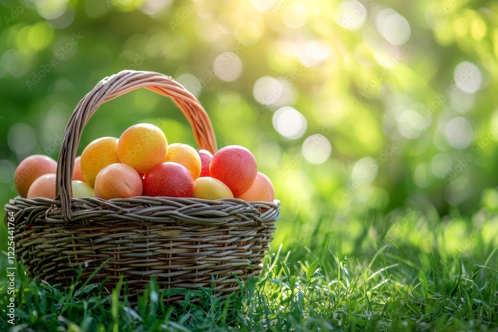 A wicker basket overflowing with ripe colorful plums sits in a sun drenched grassy field A wicker basket overflowing with ripe colorful plums sits in a sun drenched grassy field