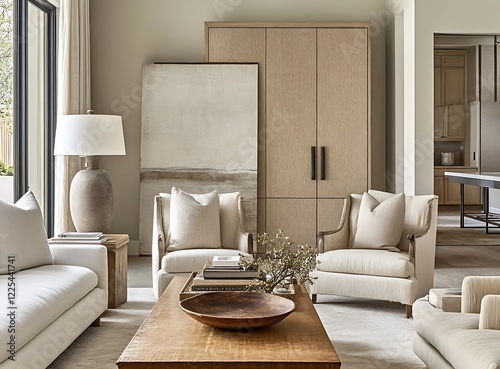 Contemporary living room with beige sofa and armchair in front of a wooden cabinet, featuring neutral tones and minimalist design principles