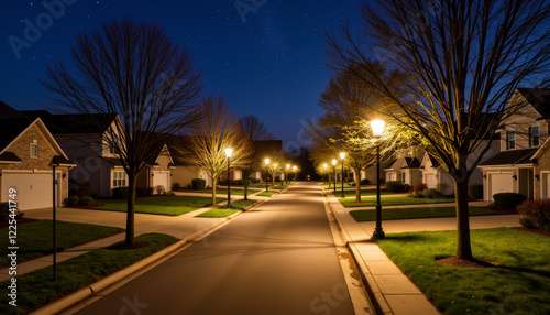Serene suburban street illuminated by streetlights, peaceful ambiance