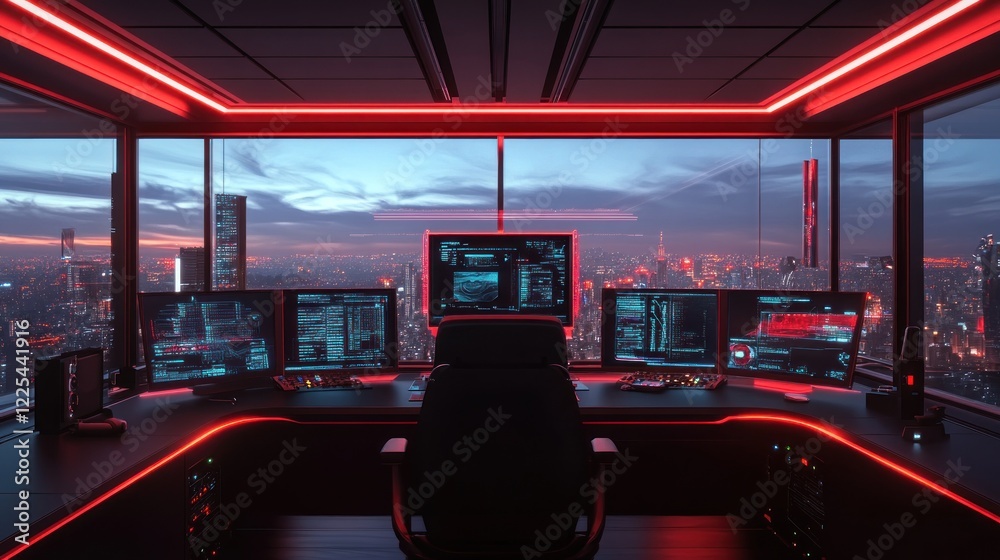 Fototapeta premium Modern Cityscape Night View From Illuminated Gaming Setup