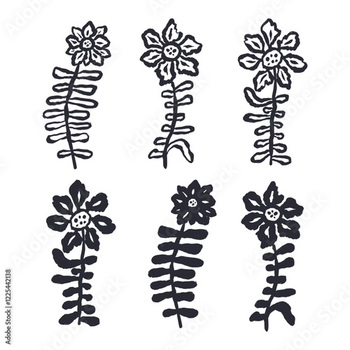 Set of black abstract inky flowers and leaves isolated on white. Monochrome sketchy textured loose floral doodles.