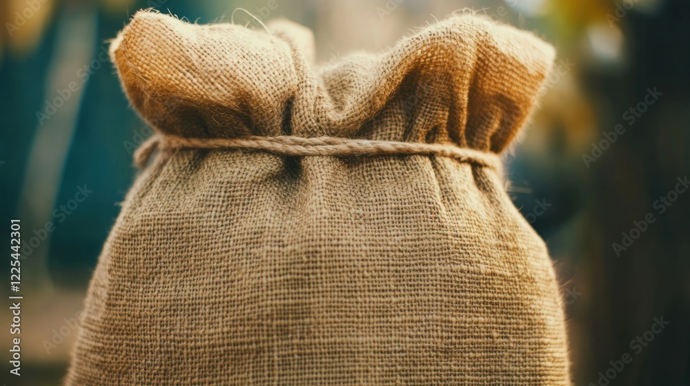 A burlap sack tied with rope sits outdoors A burlap sack tied with rope sits outdoors
