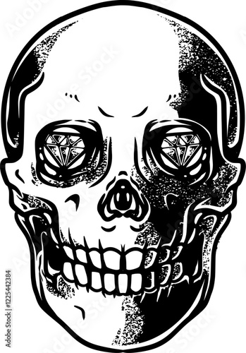 A striking vector illustration of a skull with diamonds in both eyes, symbolizing wealth, mystery, and power. Perfect for tattoos, logos, and graphic designs. Bold, detailed, and visually captivating.