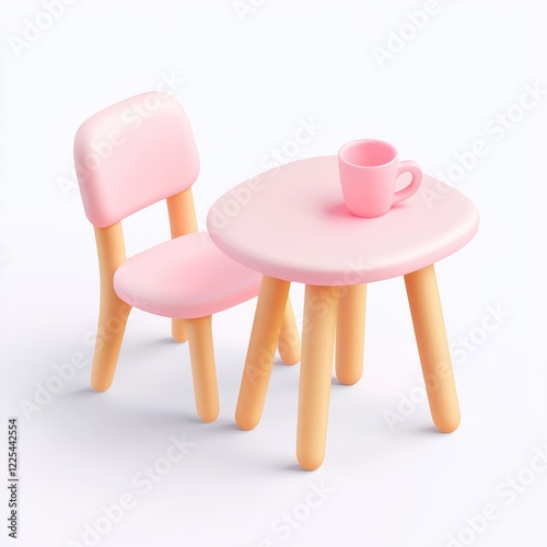 A cute pink table and chair set with a small cup, perfect for children