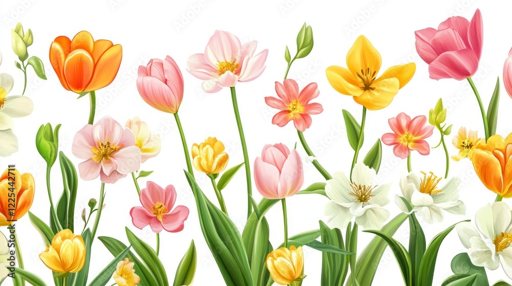 A vector seamless pattern of cute spring flowers and foliage in pink, green, orange, and yellow on a white background. A vector seamless pattern of cute spring flowers and foliage in pink, green, orange, and yellow on a white background.