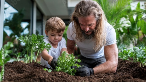 Wallpaper Mural Father and son gardening together, planting seedlings in backyard garden Torontodigital.ca