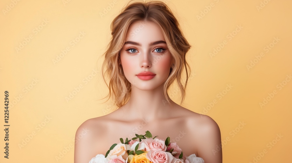 Fototapeta premium Young woman in a pastel spring dress holds a bouquet of flowers against a soft yellow background