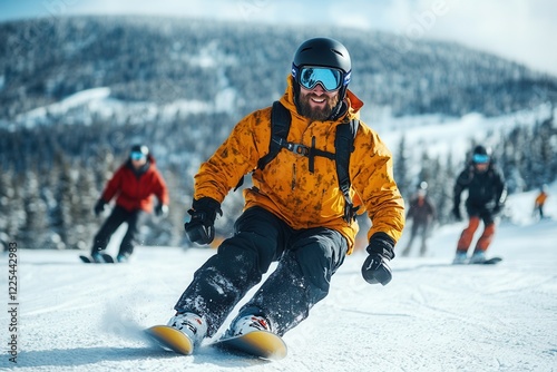 Caucasian male adult snowboarding down a sunny mountain with friends in colorful winter gear.