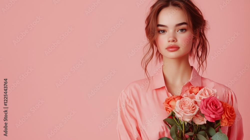 Young woman in a pastel spring dress holds a bouquet of roses against a pink background Young woman in a pastel spring dress holds a bouquet of roses against a pink background