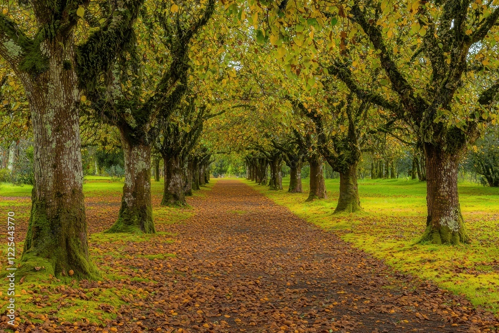 Fototapeta premium Macadamia Plantation Rows of macadamia trees in a neat plantation setting, with nuts scattered on the ground.
