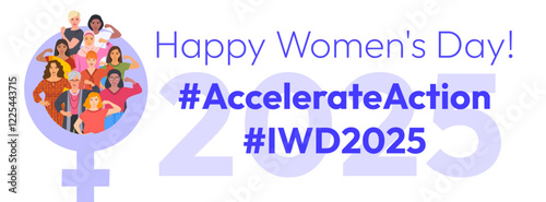 Accelerate Action campaign pose. International Women's Day 2025. Diverse women demonstrate strong arm with clenched fist to show solidarity and support in the fight for women's rights, gender equality