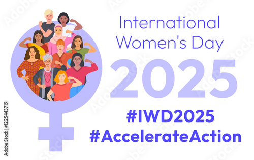 Accelerate Action campaign pose. International Women's Day 2025. Diverse women demonstrate strong arm with clenched fist to show solidarity and support in the fight for women's rights, gender equality