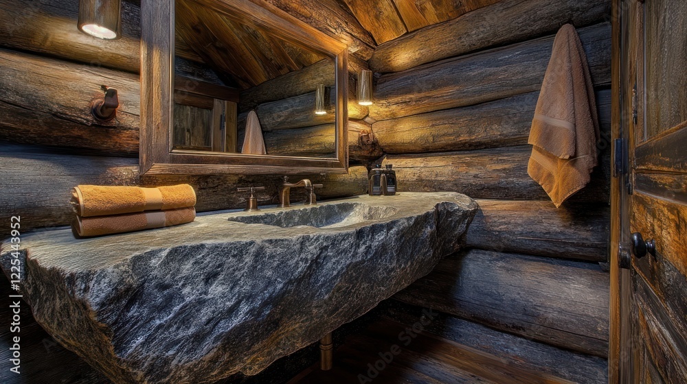 Rustic Log Cabin Bathroom With Stone Sink Rustic Log Cabin Bathroom With Stone Sink