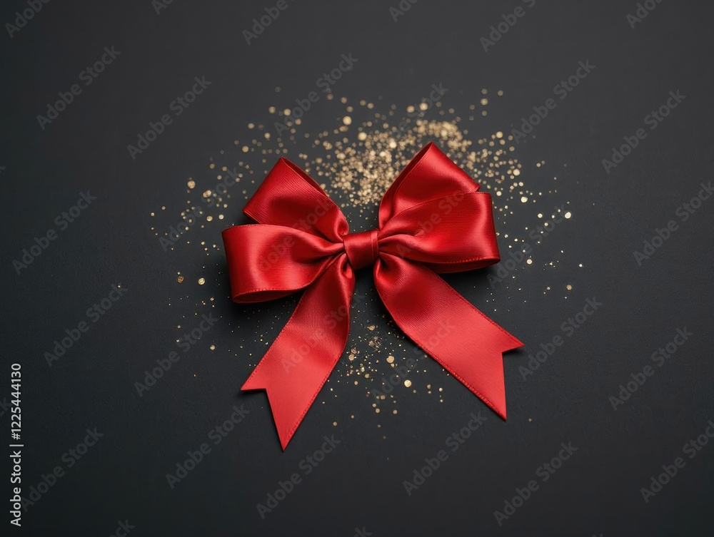 Red ribbon bow on black background with golden powder and confetti. Banner for Valentine's day, christmas gift, black friday, big sale. Retail promotions, discount events, social media marketing Red ribbon bow on black background with golden powder and confetti. Banner for Valentine's day, christmas gift, black friday, big sale. Retail promotions, discount events, social media marketing
