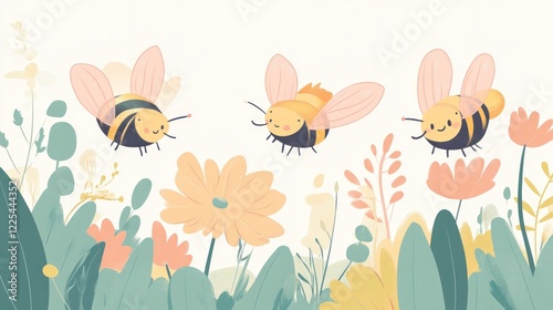 Cute cartoon illustration of three smiling bees flying around some flowers, simple flat vector clipart on a white background, pastel colors, cute style