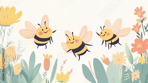 Cute cartoon illustration of three smiling bees flying around some flowers, simple flat vector clipart on a white background, pastel colors, cute style