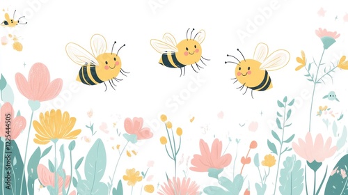 Cute cartoon illustration of three smiling bees flying around some flowers, simple flat vector clipart on a white background, pastel colors, cute style