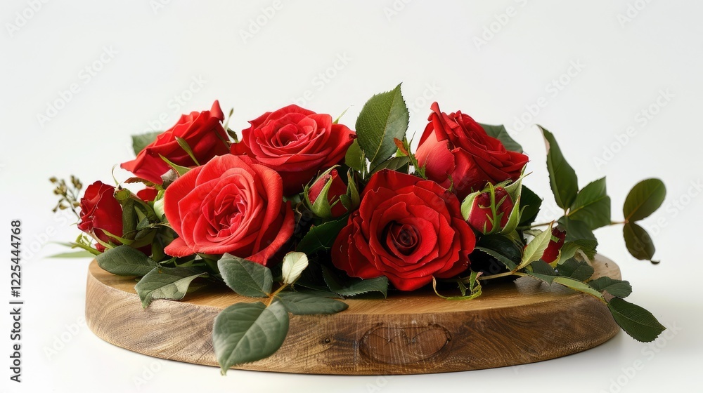 Wooden pedestal adorned with roses against a white background, showcasing products with floral beauty. Wooden pedestal adorned with roses against a white background, showcasing products with floral beauty.
