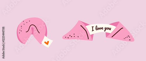 Cute fortune cookie for Valentine's Day with love message. Hand drawn vector romantic illustration in cartoon style. For poster, greeting card, invitation, flyer, banner