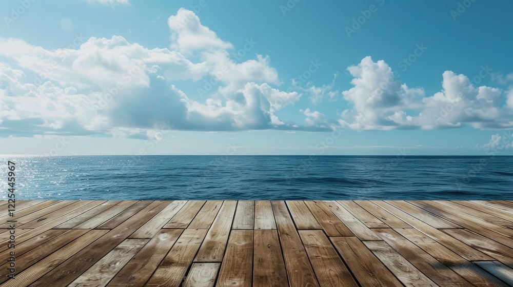 Wooden table with sea and sky background for product display Wooden table with sea and sky background for product display