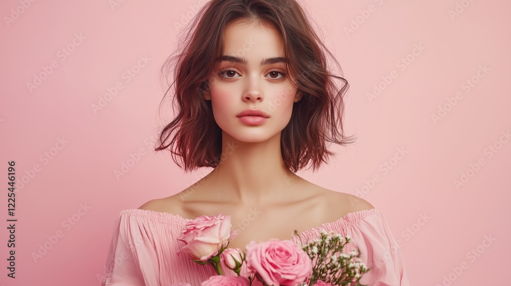 Young woman in pastel spring dress holding flowers against pink backdrop in a serene setting Young woman in pastel spring dress holding flowers against pink backdrop in a serene setting