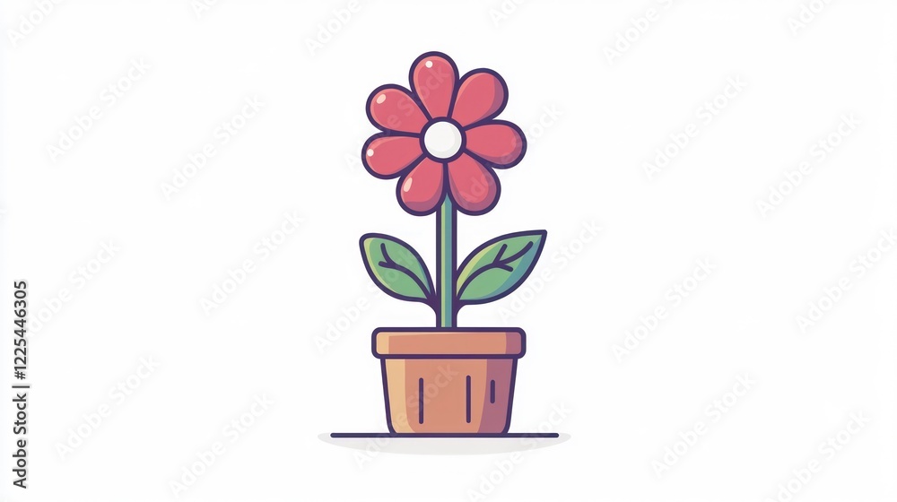 Flower in a pot, a simple flat icon design, vector illustration, white background, no shadow on the ground, cute style, simple lines, minimalist, a pink flower with green leaves and a brown wooden pot Flower in a pot, a simple flat icon design, vector illustration, white background, no shadow on the ground, cute style, simple lines, minimalist, a pink flower with green leaves and a brown wooden pot