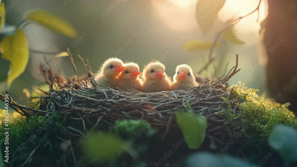 A nest with tiny baby birds nestled among green leaves in soft natural light A nest with tiny baby birds nestled among green leaves in soft natural light