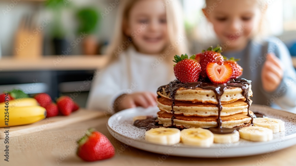 Children enjoying pancakes with chocolate and strawberries in a bright kitchen setting. Children enjoying pancakes with chocolate and strawberries in a bright kitchen setting.