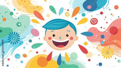  Cheerful watercolor with smiling faces, playful, empty background with copy space