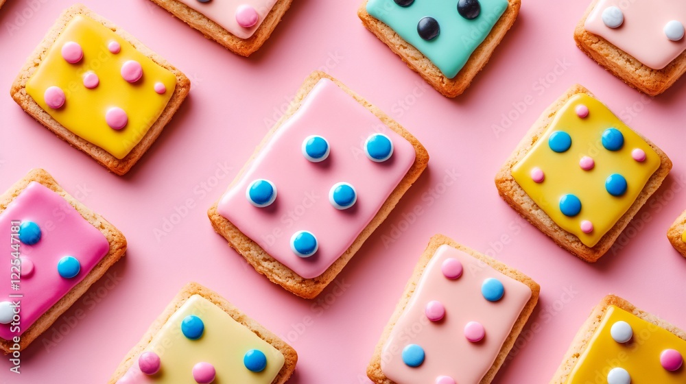 Domino cookies with colorful icing dots styled like a real domino game, isolated on a pastel pink background