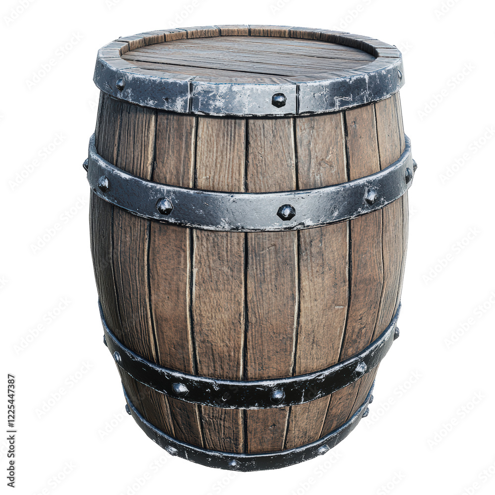 Obraz premium Isolated Wooden Barrel with Metal Hoops and Rivets