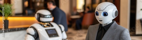 Friendly humanoid robots in a modern hotel lobby creating a welcoming atmosphere for guests with advanced technology and cutting-edge design elements photo