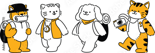 A collection of playful cartoon animal illustrations showcasing pets in adventure uniforms, featuring dogs and cats dressed as explorers, hikers, and travelers.
