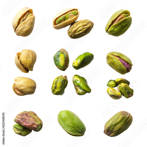 Isolated Collection of Pistachio Nuts, Whole and Shelled