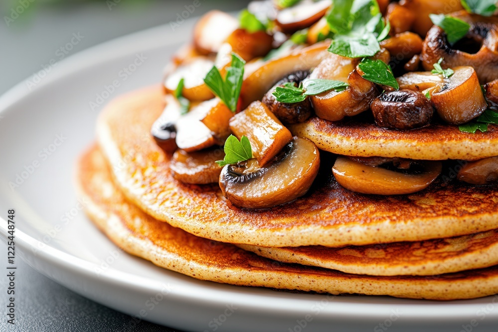 Fluffy pancakes topped with sautéed mushrooms and fresh parsley on a plate. Fluffy pancakes topped with sautéed mushrooms and fresh parsley on a plate.