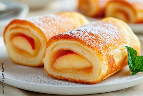 Freshly baked apple strudel with powdered sugar on plate. photo