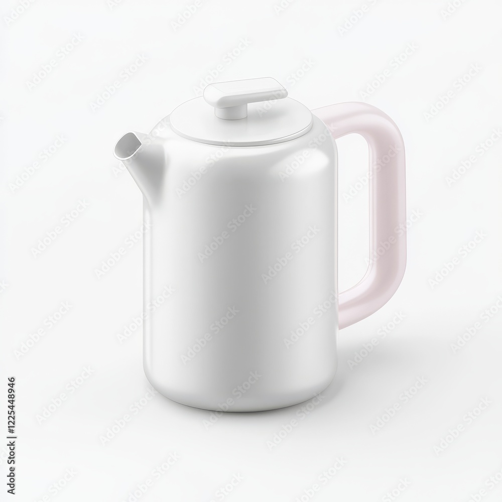 Fototapeta premium A sleek, modern white kettle with a pink handle, designed for boiling water, emphasizing simplicity and functionality.