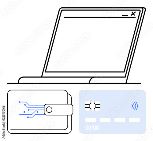 Laptop with open browser window, electronic wallet with circuitry pattern, and contactless credit card. Ideal for online shopping, payment security, e-banking, fintech, e-commerce, virtual wallets