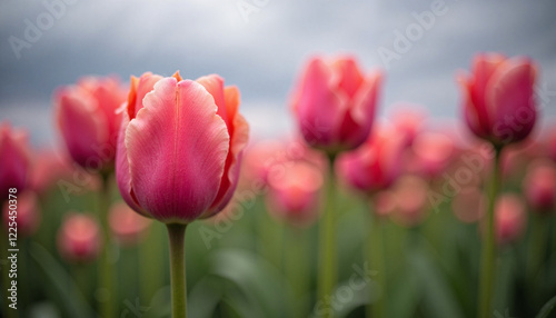 Pink tulips blooming in a garden during spring
