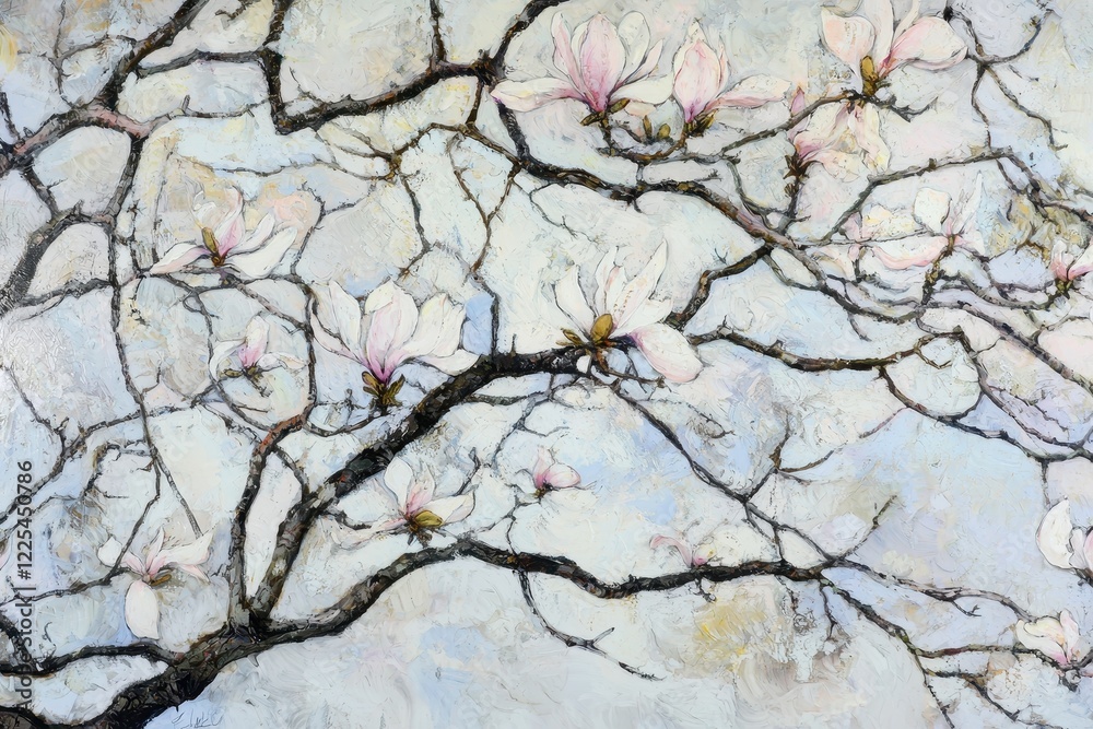 Magnolia Tree in Bloom A magnolia tree laden with delicate pink and white blossoms against a soft pastel sky Magnolia Tree in Bloom A magnolia tree laden with delicate pink and white blossoms against a soft pastel sky