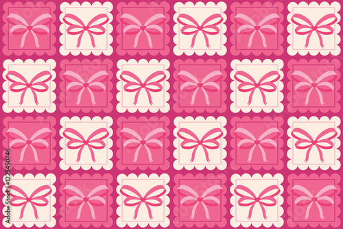 Ribbon bow with heart stamps seamless pattern background vector illustration. Groovy checkered ornament design for textile, fabric, packaging. Coquette and 70s aesthetic
