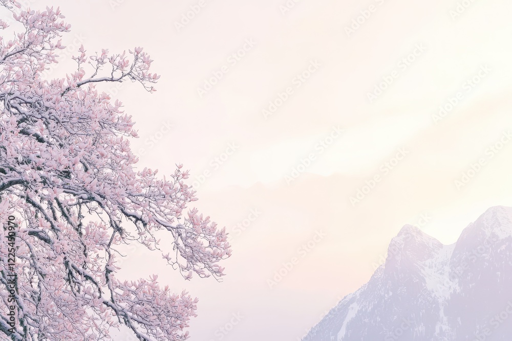Magnolia Tree in Bloom A magnolia tree laden with delicate pink and white blossoms against a soft pastel sky Magnolia Tree in Bloom A magnolia tree laden with delicate pink and white blossoms against a soft pastel sky