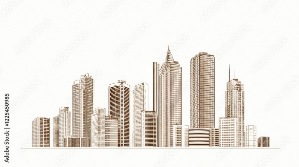 Naklejka premium Sepia-toned sketch of a modern city skyline, showcasing various skyscrapers and buildings.