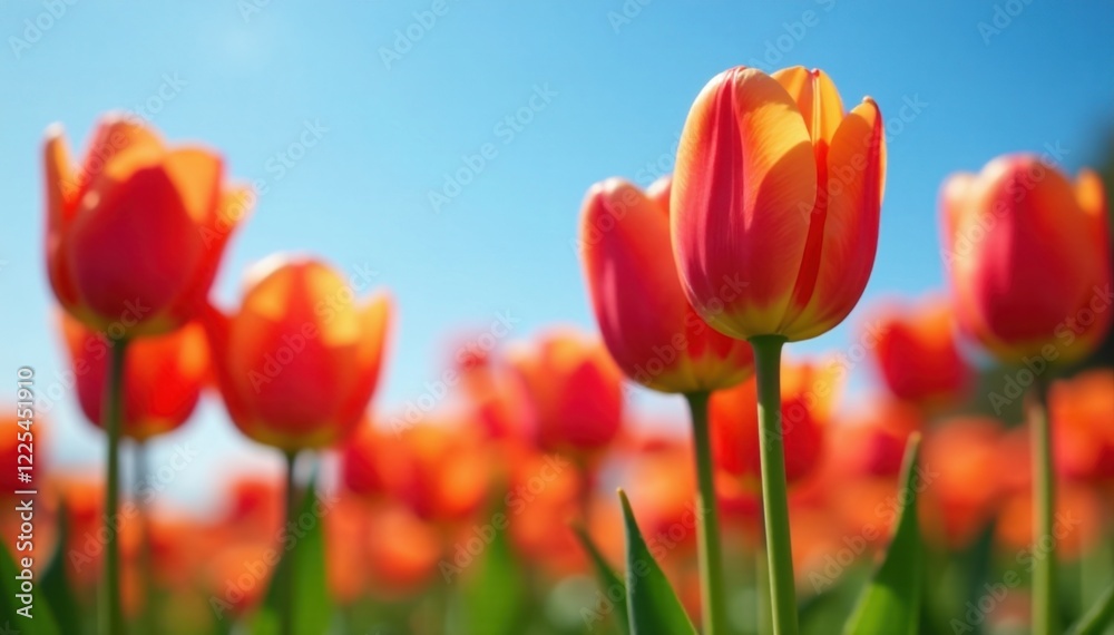 Warm orange hues and deep crimson tulip petals against a blue sky, nature, orange Warm orange hues and deep crimson tulip petals against a blue sky, nature, orange