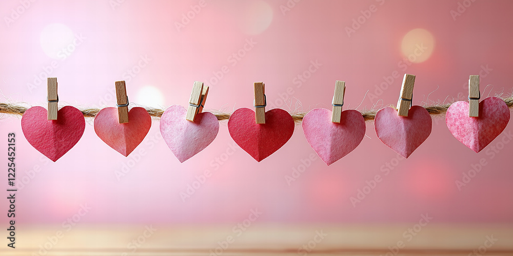 Pink and Red Paper Hearts Hanging on Twine Against a Soft Pink B Pink and Red Paper Hearts Hanging on Twine Against a Soft Pink B